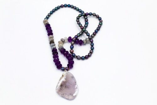 Amethyst and Labradorite gem stones with peacock pearls. 2” polished gemstone drop Length 32”